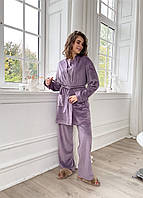 Велюровая женская пижама 3: халат, брюки, футболка темно-пудрового цвета от украинского производителя Буя,