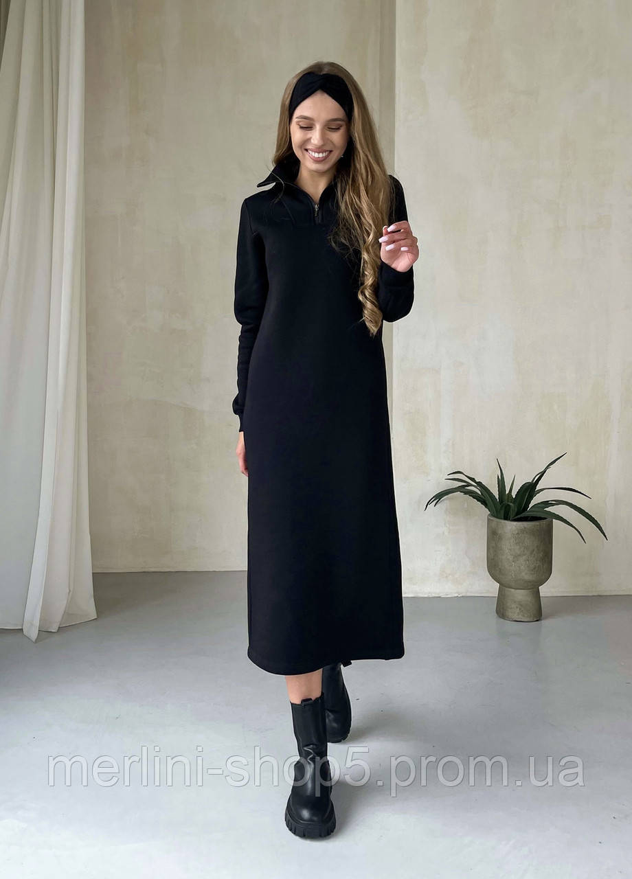 Зимнее теплое платье ниже колена на молнии черный от украинского производителя Антони 700001041, размер S-M - фото 3 - id-p2035249669
