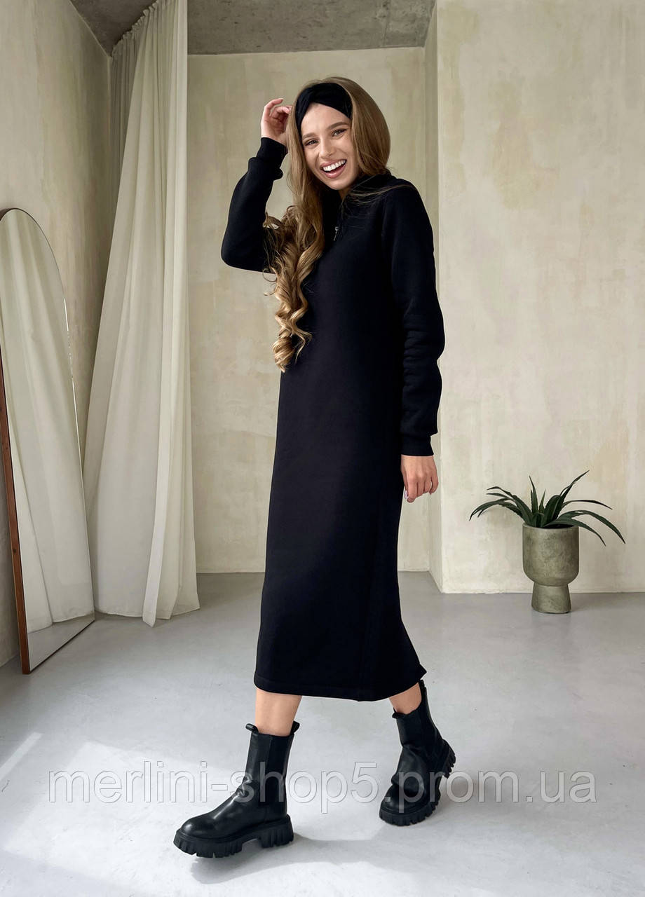 Зимнее теплое платье ниже колена на молнии черный от украинского производителя Антони 700001041, размер S-M - фото 4 - id-p2035249669