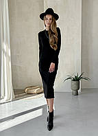 Теплое длинное платье в рубчик на флисе черное от украинского производителя Шамбери 700001061, размер S-M