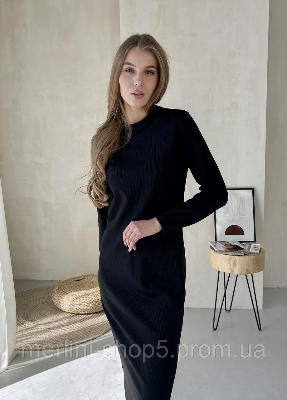 Свободное теплое длинное платье в рубчик на флисе черное от украинского производителя Генуя 700001081, размер - фото 5 - id-p2035249717