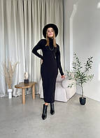 Свободное теплое длинное платье в рубчик на флисе черное MR Мартен 700001101, размер S-M (42-44)