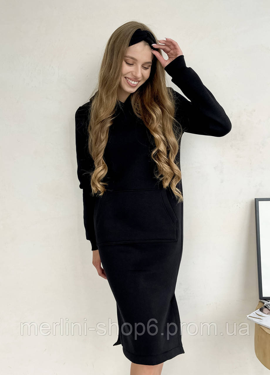 Теплое зимнее платье-худи ниже колена черный MR Рошель 700001001, размер S-M (42-44) - фото 5 - id-p2035283857