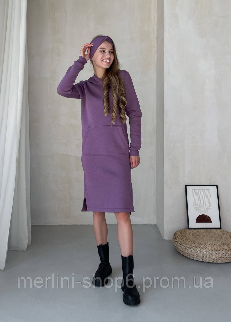 Теплое зимнее платье-худи ниже колена фиолетовый MR Рошель 700001005, размер S-M (42-44) - фото 1 - id-p2035283873
