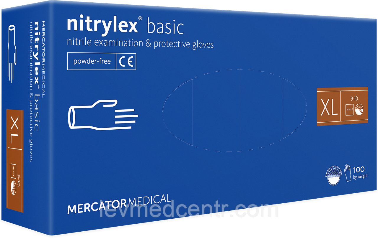 Рукавиці медичні нітрилові Mercator Medical Nitrylex Basic сині розмір XL (100 шт./50 пар/пач.), фото 1