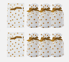 Пакет для подарунків і солодощів зі стрічкою затяжкою білий з малюнком горох золото поліетиленовий дитячий 23х12 см