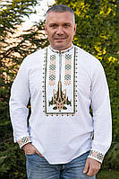 Вышиванка мужская белая, льняная белая рубашка с орнаментом