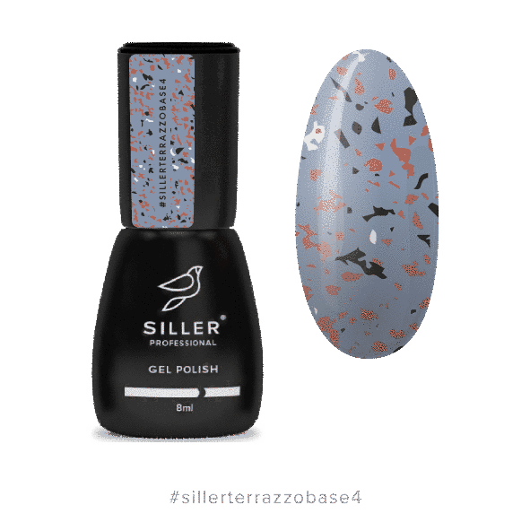 Siller Terrazzo Base No4 — камуфлювальна база для нігтів (темно-сіра з кольоровою стелею), 8 мл