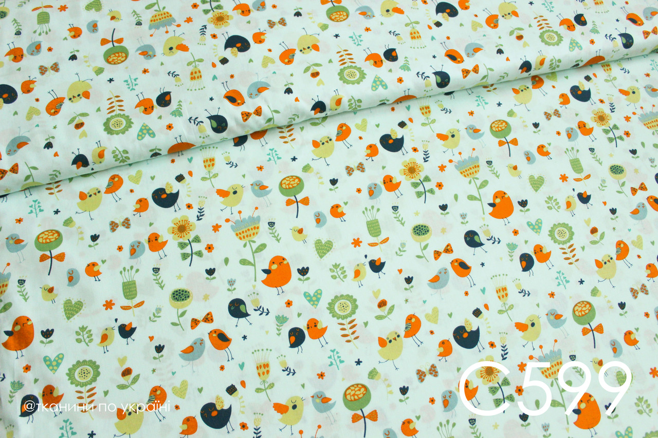 Тканина сатин Пташки на м'ятному