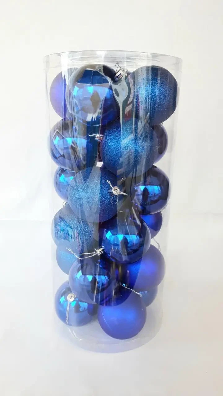 Ялинкові кулі 24 штуки в упаковці діаметром 8 см сині, фото 1