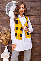 Женская рубашка, с декором в клетку, бело-горчичного цвета, размер S, 119R321-1