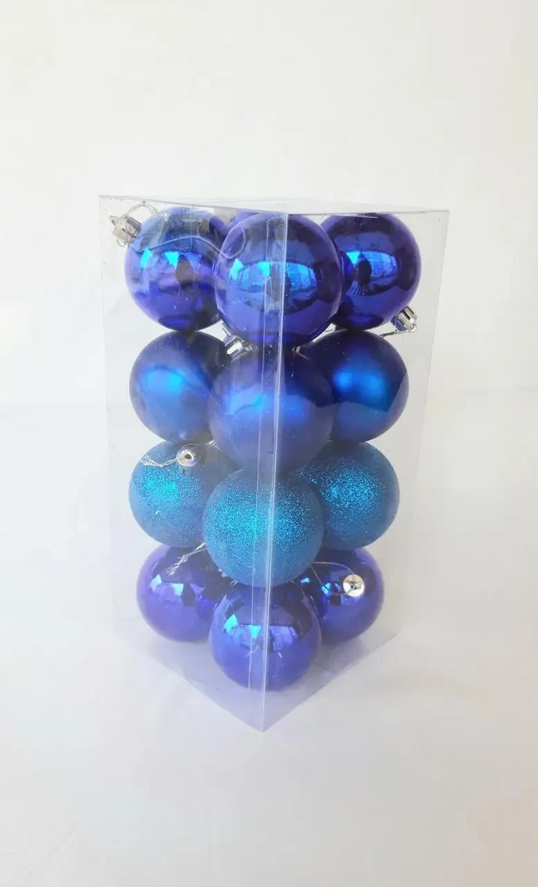 Ялинкові кулі 16 штук в упаковці діаметром 6 см сині, фото 1