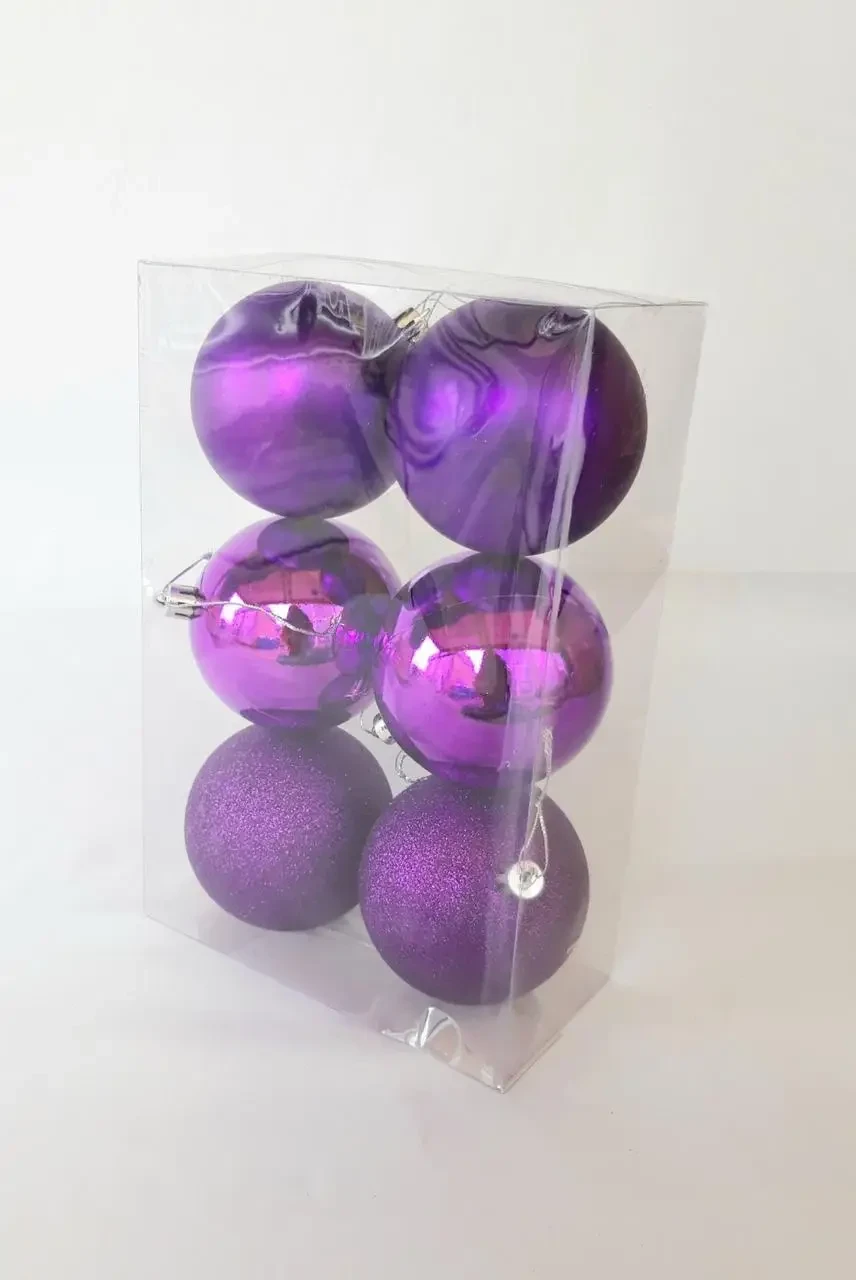 Ялинкові кулі 6 штук в упаковці діаметр 8 см бузкові, фото 1