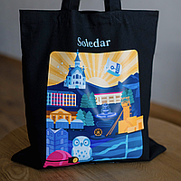 Екосумка, торба, шопер чорний з ексклюзивним патріотичним авторським принтом - місто Соледар, бренд “Малюнки”