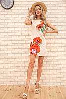 Короткое платье из льна, с цветами Маки, цвет Бежевый, размер 46, 172R019-1