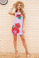Короткое платье из льна, с цветами Маки, цвет Сиреневый, размер 48, 172R019-1