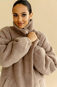 Еко шуба тедді жіноча подовжена зимова оверсайз пудра