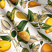 Декоративная ткань с принтом птиц, лимонов и бабочек на молочном фоне 84507v1