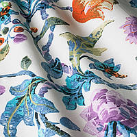 Декоративная ткань с пестрыми тропическими растениями оранжевого голубого и фиолетового цвета Турция 83592v3