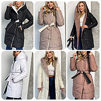 Тепле зимове двостороннє пальто з щільної плащівки ,кишенями з обох сторін та поясом у комплекті
