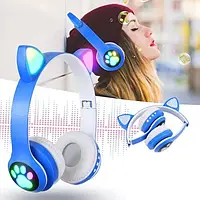 Беспроводные детские Bluetooth наушники с кошачьими ушками и цветной подсветкой Cat VZV-23M (Синие) WIB435