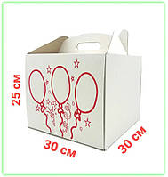 Упаковка під торт пряниковий будиночок 300х300х250 мм, біла коробка з малюнком кульок для випікання з ручкою
