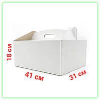 Белые картонные коробки с ручкой для тортов пряничный домик 41х31х18 см