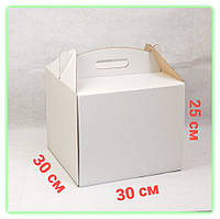 Белые картонные коробки с ручкой для тортов пряничный домик 30х30х25 см