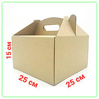Бурая самосборная коробка с ручкой для торта пряничного домика 250х250х150 мм, коробка для упаковки торта