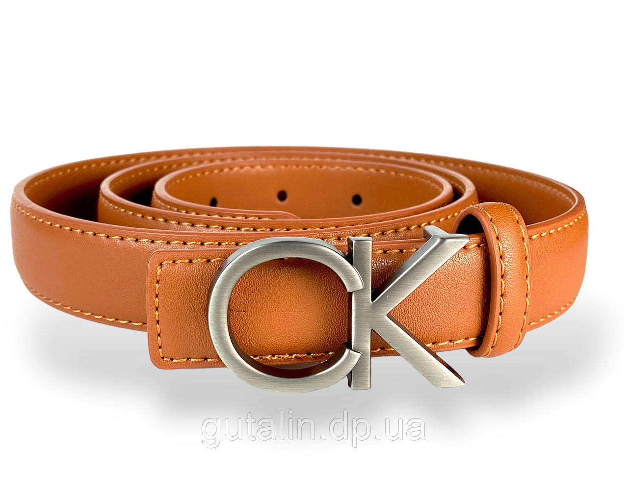 Ремінь жіночій шкіряний Calvin Klein ширина 25мм колір Коньяк пряжка темний-нікель