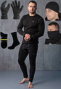 Термобілизна зимова чоловіча на флісі до -25 C чорна Шапка баф рукавиці шкарпетки в комплекті