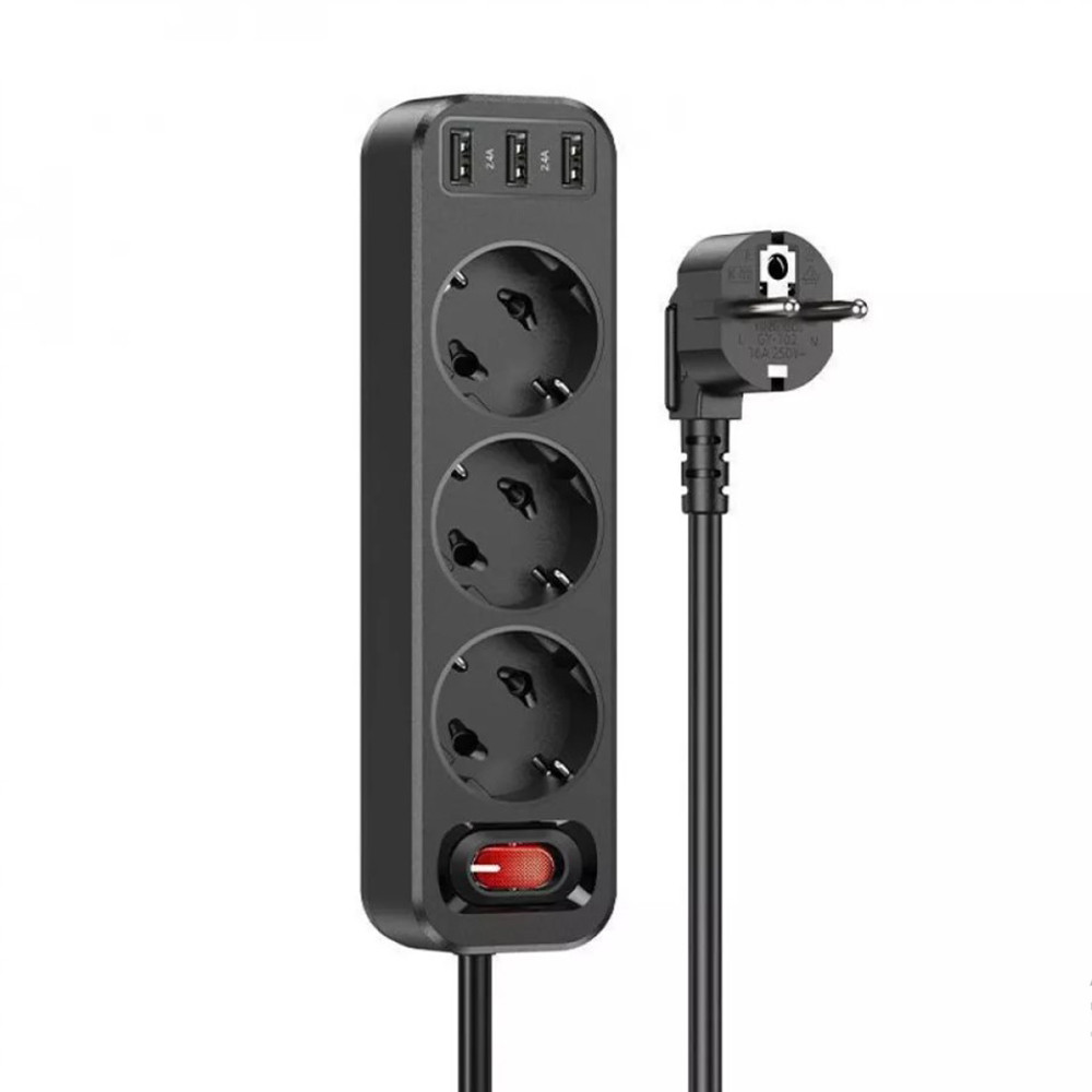 Мережевий фільтр Hoco NS2 (3 розетки + 3 USB) 1.8m (black)