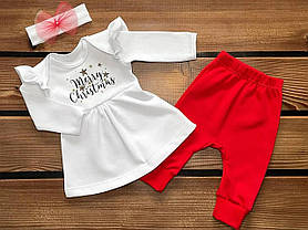 Теплий новорічний костюм трійка для новонароджених дівчаток зріст 56 - 62 см (0 - 3 місяці) BST Білий з червоним