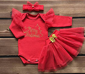 Теплий новорічний комплект для малюків із футеру 3 предмети зріст 56 — 62 см (0 — 3 місяці) BST Червоний