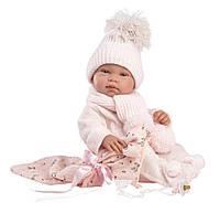 Испанская Кукла Ллоренс Новорождённый Виниловый Пупс Анатомичная Девочка Тина 42 см в Розовой Одежде с Пледом