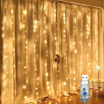 Гірлянда Штора, від USB, 2х2м, з пультом, 160LED, Теплий білий / Новорічна гірлянда від повербанку / Світлодіодна гірлянда