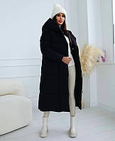 Женская длинная,теплая зимняя стеганая оверсайз куртка макси однотонная,с капюшоном,на молнии и кнопках