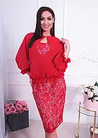 Гипюровое платье миди с подкладом и съемной шифоновой накидкой Красный, 48-50