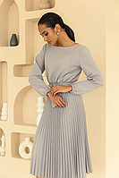 Демисезонное платье классическое с юбкой плиссе ниже колена и поясом 42-52 размеры разные цвета серое 44