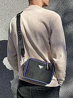 Мужская сумка Прада черная Prada Re-Nylon and Saffiano leather bag Black/Blue