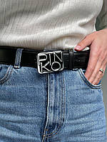 Женский ремень Пинко черный пояс Pinko Text Leather Belt Black/Silver