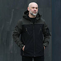 Куртка мужская демисезонная с капюшоном чёрная-хаки Pobedov Korol' Lev