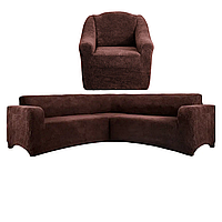 Чехол на угловой диван и одно кресло плюшевый, меховой, без оборки внизу, натяжной, Venera коричневый