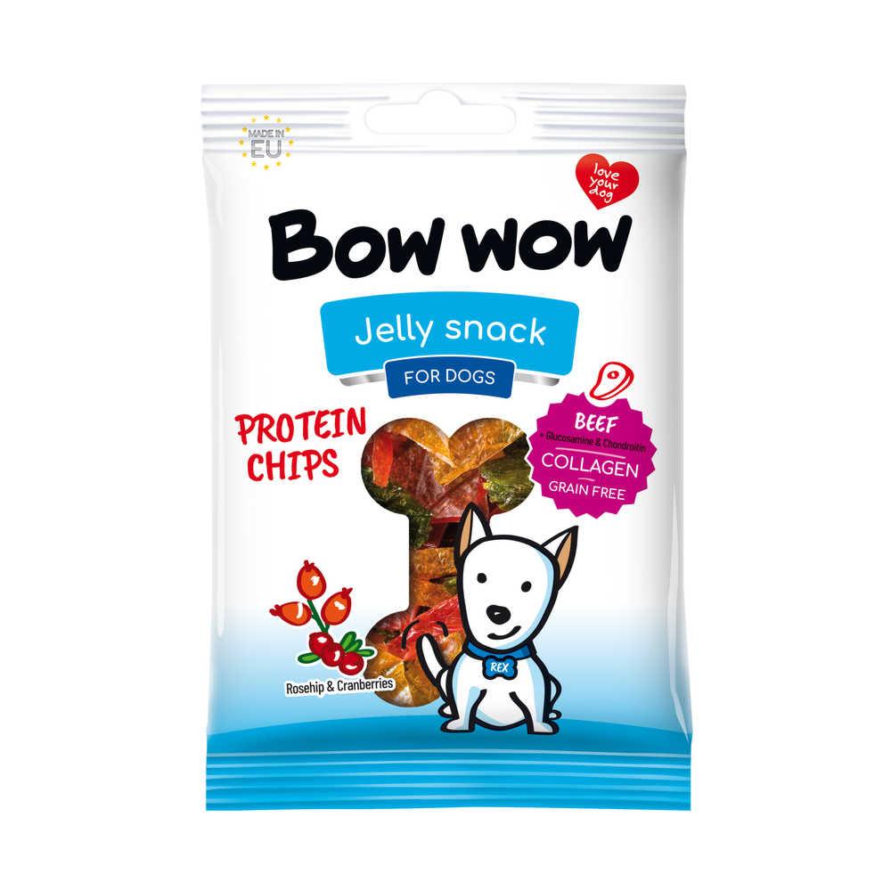 Ласощі для собак Bow wow протеїнові чипси з яловичиною шипшиною та журавлиною 60 гр (23 шт в кор)