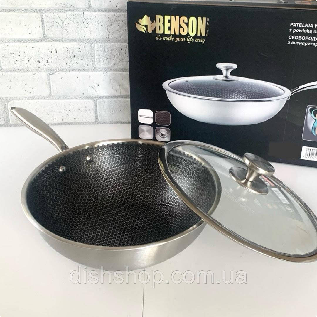 Сковорода-Вок Benson глибока 28 см з кришкою з нержавіючої сталі