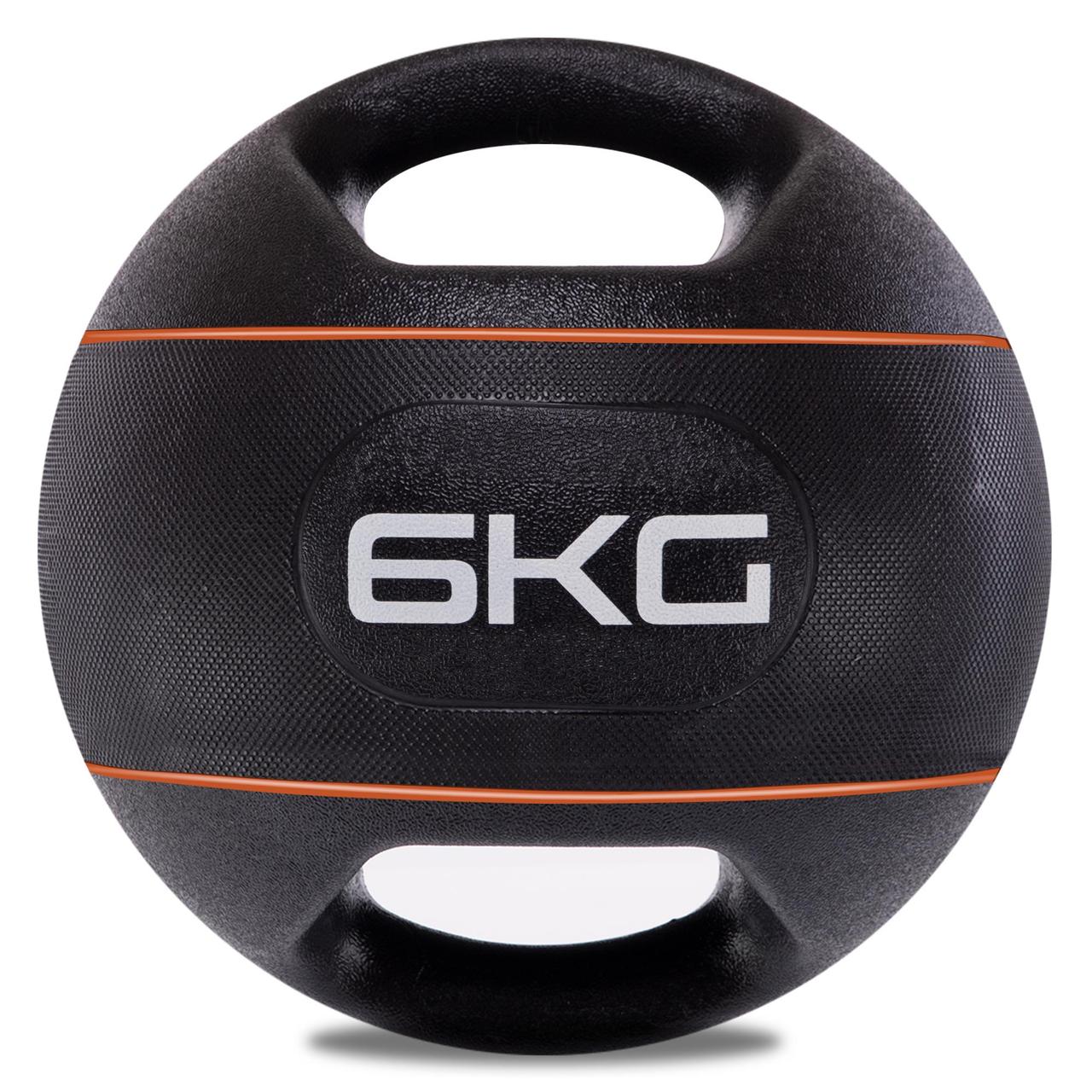 М'яч медичний медбол із двома ручками Zelart TA-7827-6 вага-6 кг гума d-27,5 см чорний-жовтогарячий