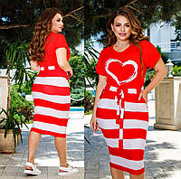 Летнее батальное платье 1308-1 "Полоска Сердце" в разных расцветках Красный