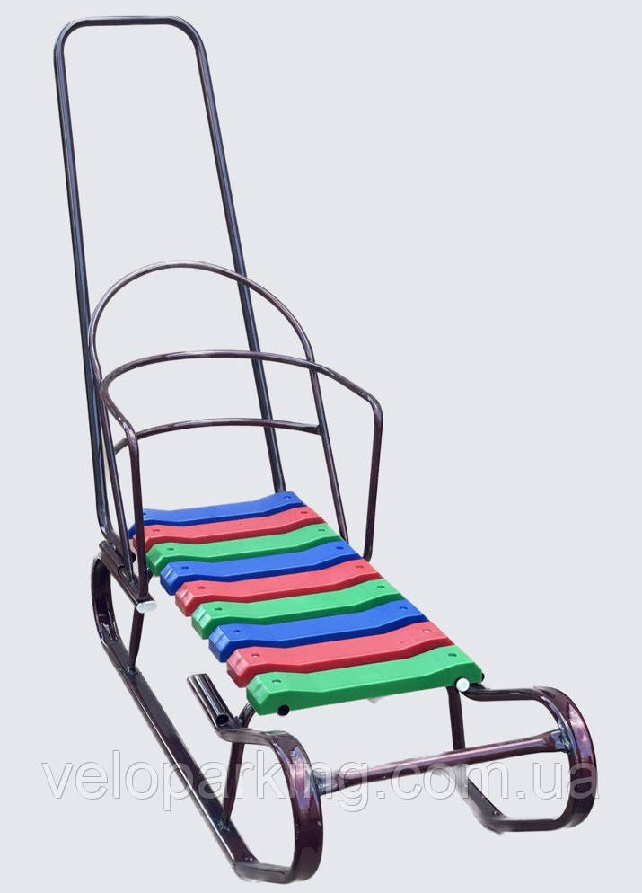 Дитячі санки "Веселка" — Люкс із ручкою штовхачем (Україна) пластик сидіння 2024