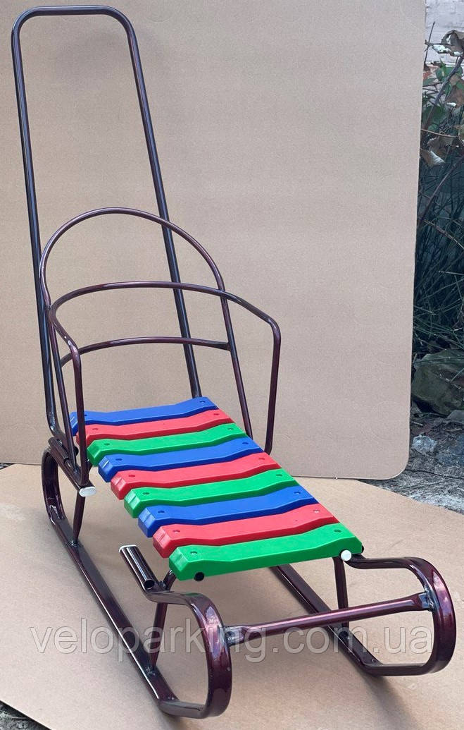 Дитячі санки "Веселка" — Люкс із ручкою штовхачем (Україна) пластик сидіння 2024