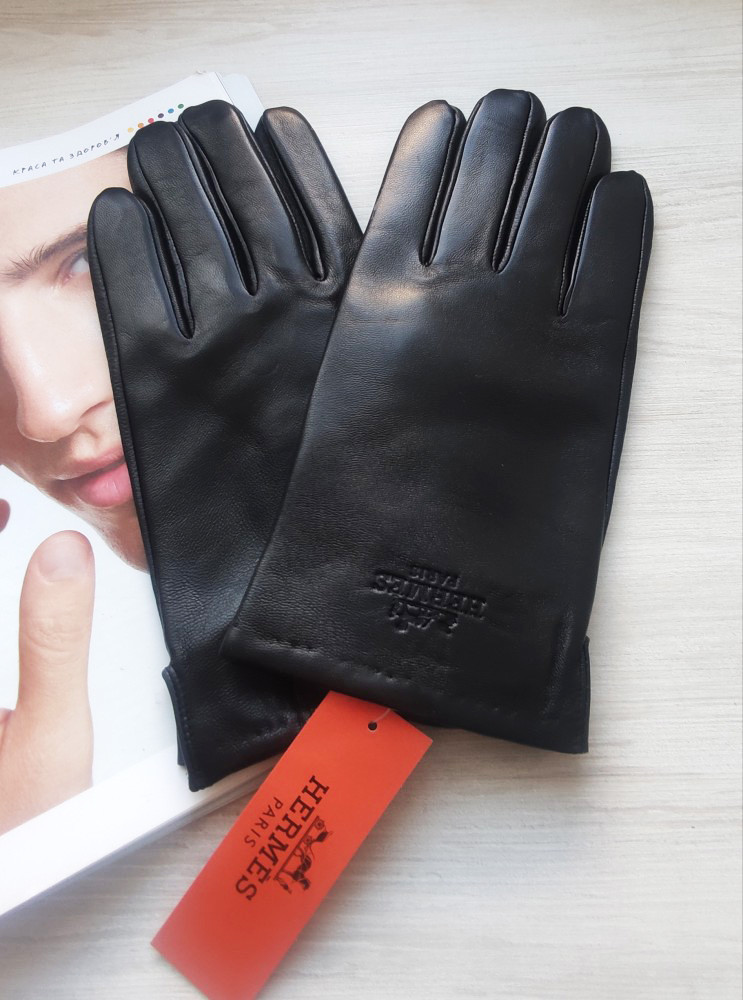 Чоловічі шкіряні рукавички Hermes підкладка вовняне в'язання black